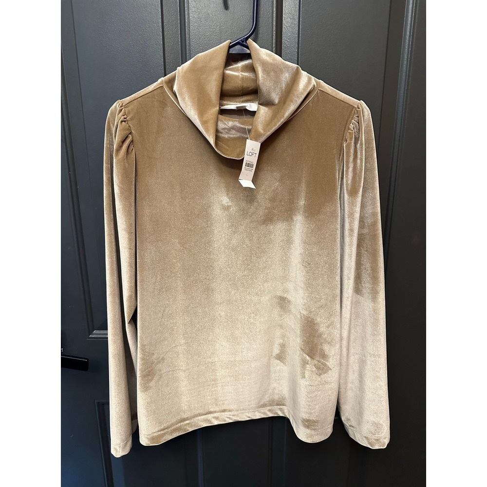 LOFT‎ Velvet Mock Neck Puff Shoulder Top Size Large Champagne Gold New W/ Tags